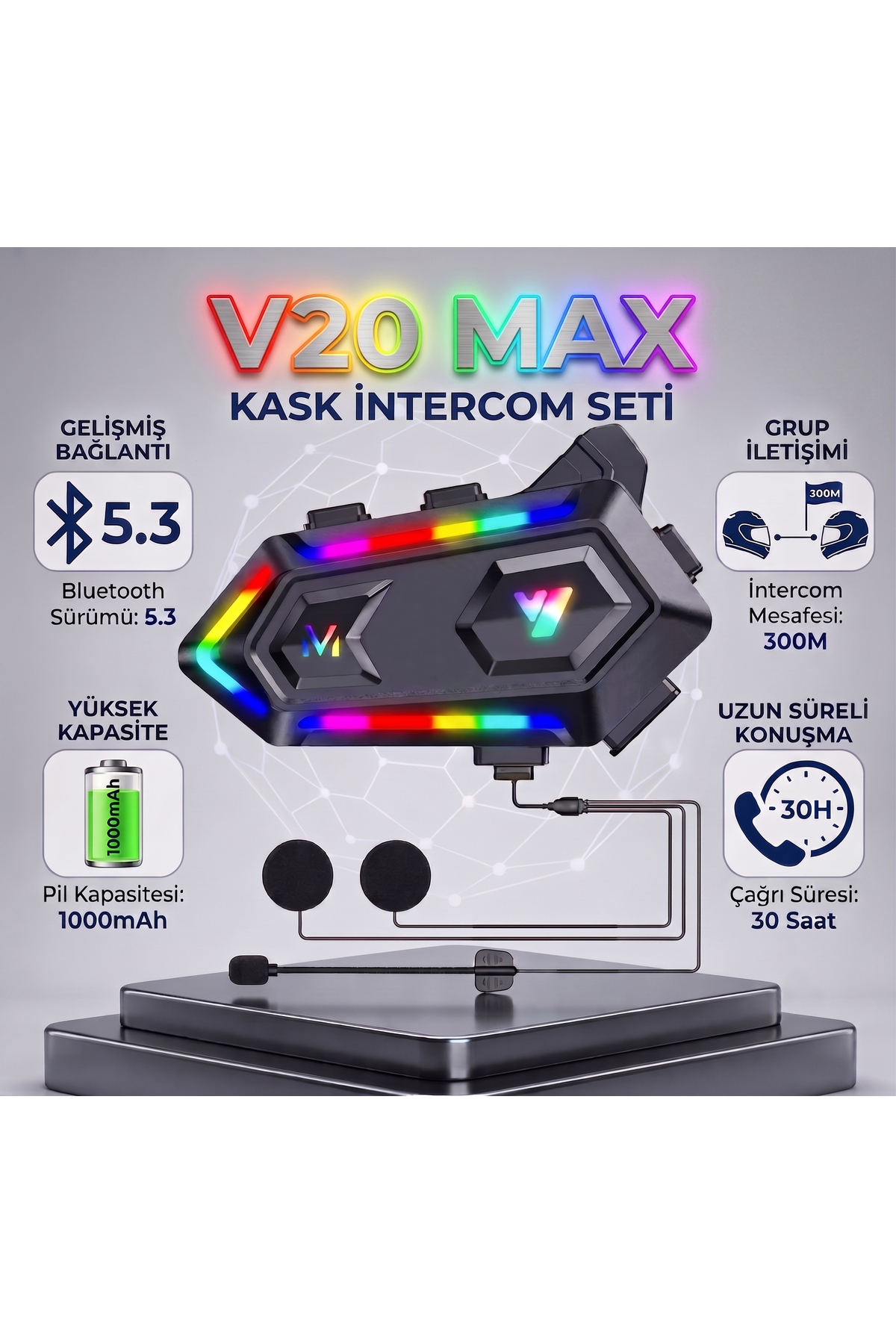  V20 Max Motorsiklet Intercom Su Geçirmez Kask 2 Kişi Telsiz Bağlantılı Intercom Rgb Intercom
